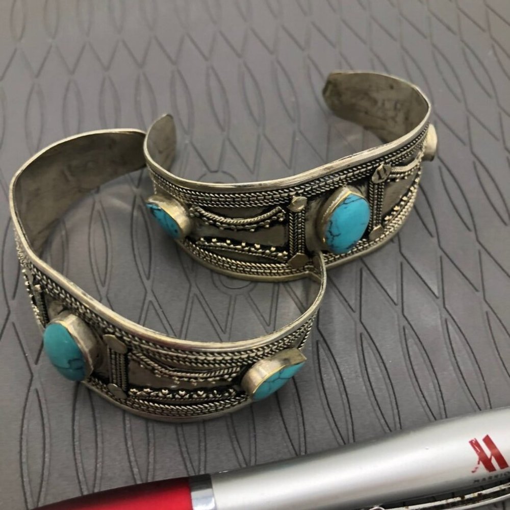 Single Vintage Kuchi Cuff Bracelet: Tribal Turquoise & Lapis Boho Jewelry